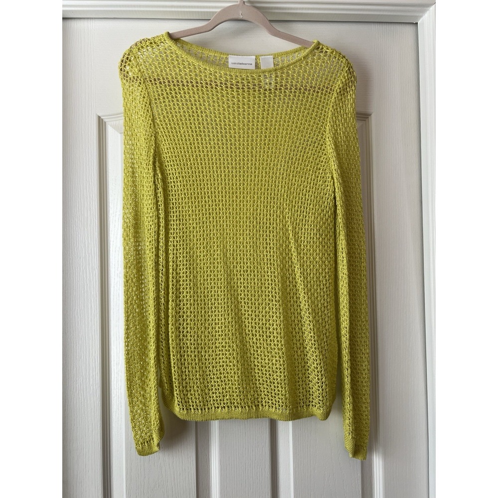 Liz Claiborne Sweater Women's Sz Medium Knit Mesh Yellow Lime Y2K Casual‎ Woven